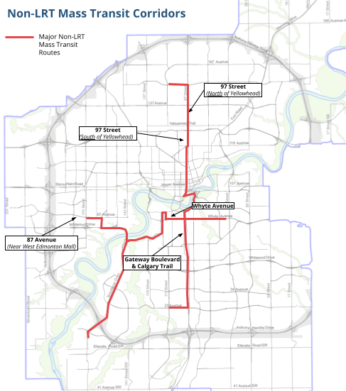Map of Edmonton with High Speed Bus routes marked